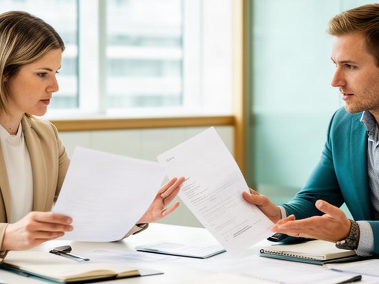 Two HR advisers reviewing a printed policy during a focused office meeting