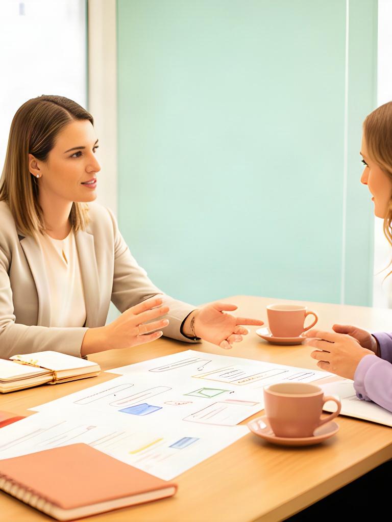 HR consultant discussing a workplace process with a client at a bright meeting table