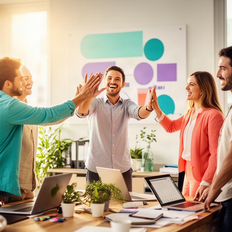 Team leader celebrating completed project milestones with colleagues in a modern office