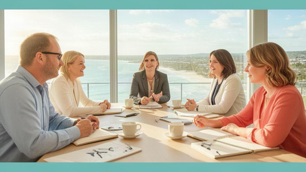 HR advisers collaborating around a table with notebooks and a Queensland coastal view