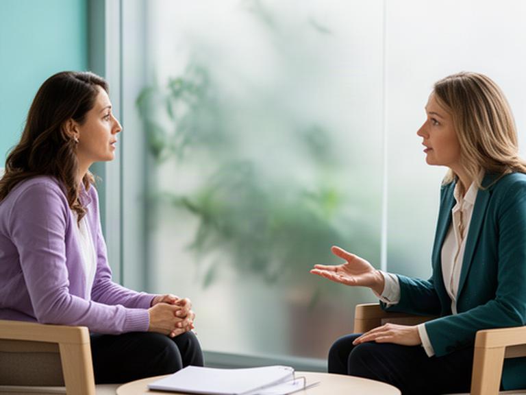 Two professionals speaking privately in a quiet office with natural light
