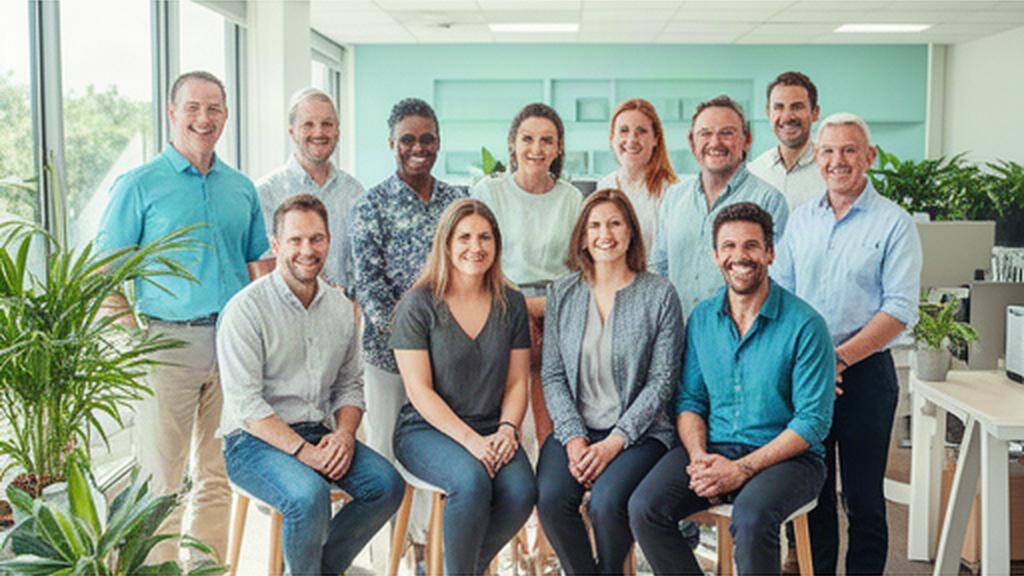 Diverse workplace team smiling together in a bright Queensland office