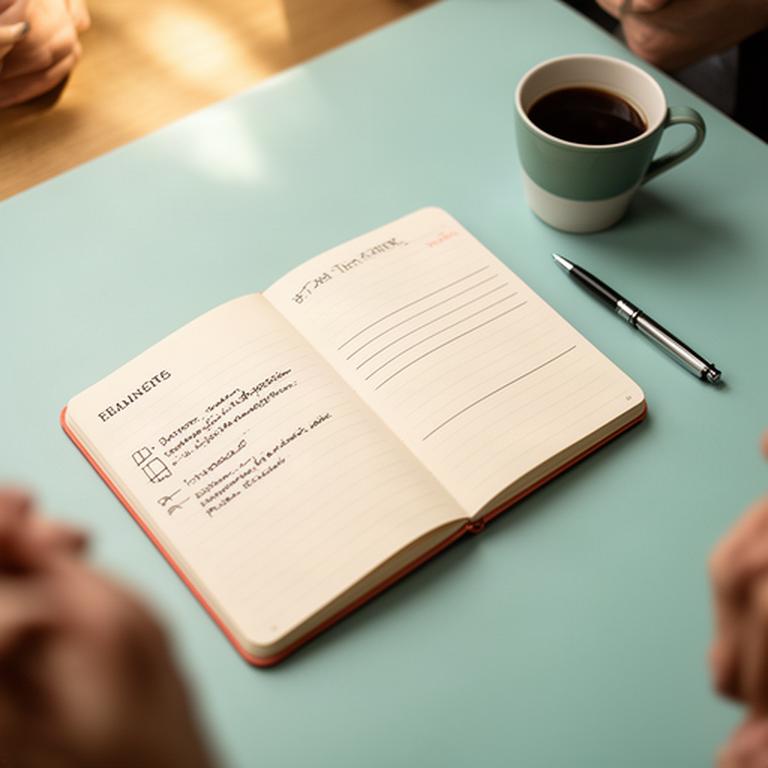 Open notebook and discussion notes beside a coffee in a workplace planning session