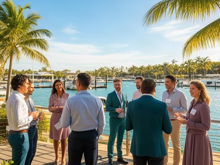 Professionals speaking at a Queensland business networking event beside a sunny marina