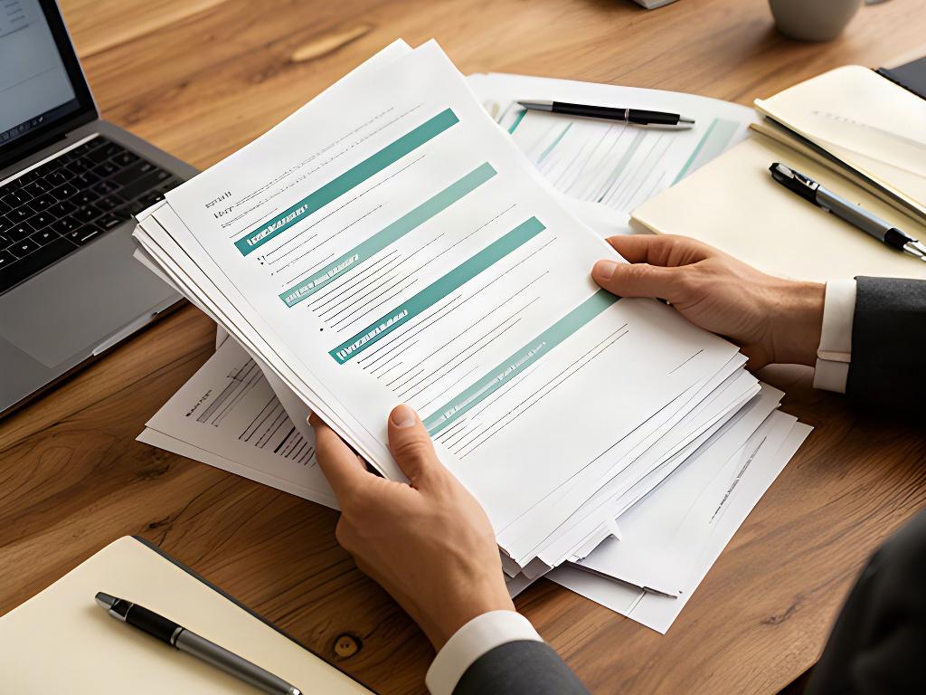 HR adviser reviewing printed workplace policies at a timber meeting table