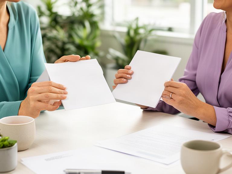 HR consultant and business owner reviewing notes across a bright consultation table in Queensland