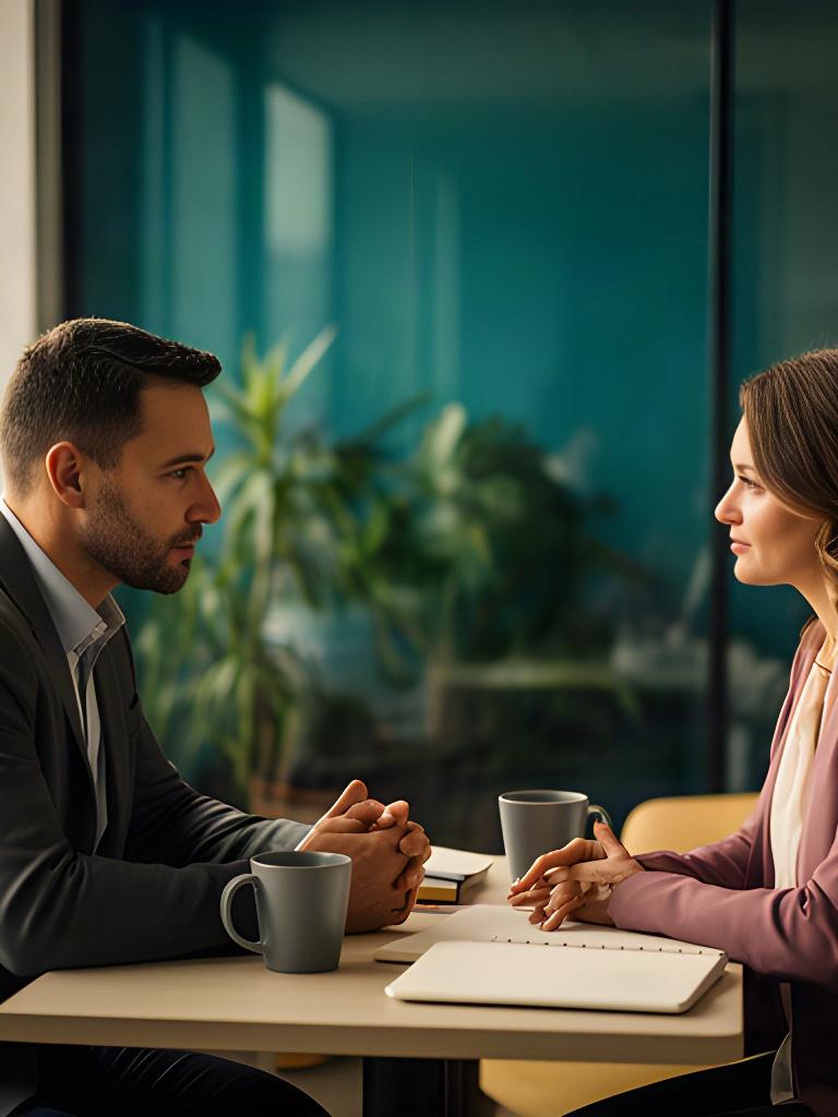 Manager and adviser having a focused one-to-one conversation in an office