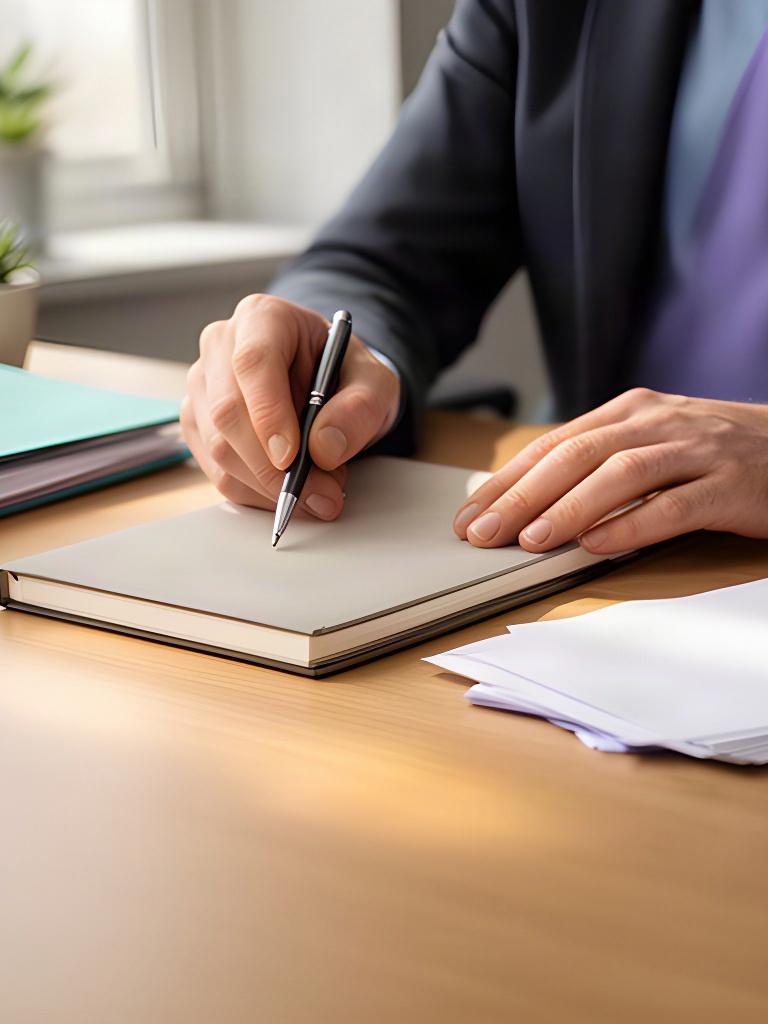 HR adviser writing confidential meeting notes beside a closed notebook