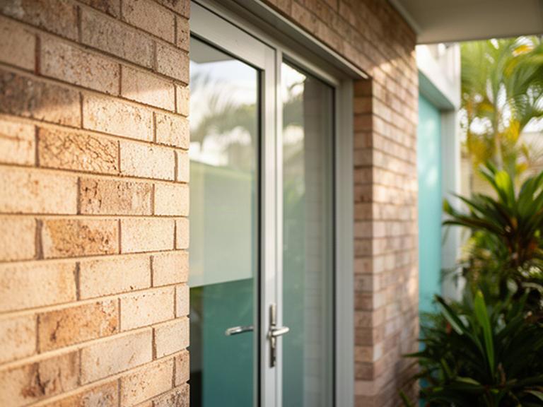 Detail of the Marina Parade office frontage in Ingham with textured brick and a welcoming glass door
