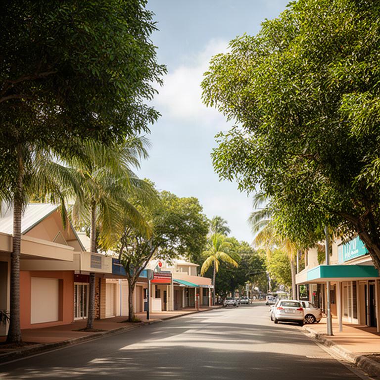 Quiet Ingham street near Marina Parade with leafy Queensland trees and low-rise local businesses