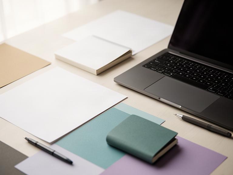 Close view of organised workplace notes and a pen beside a laptop during an HR planning session