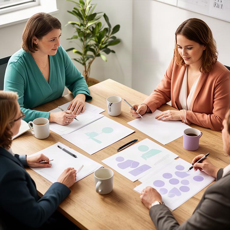 Three HR advisers reviewing a people plan around a wooden meeting table