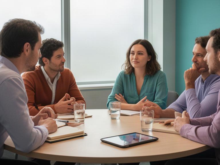 Colleagues sharing structured 360-degree feedback in a calm meeting room