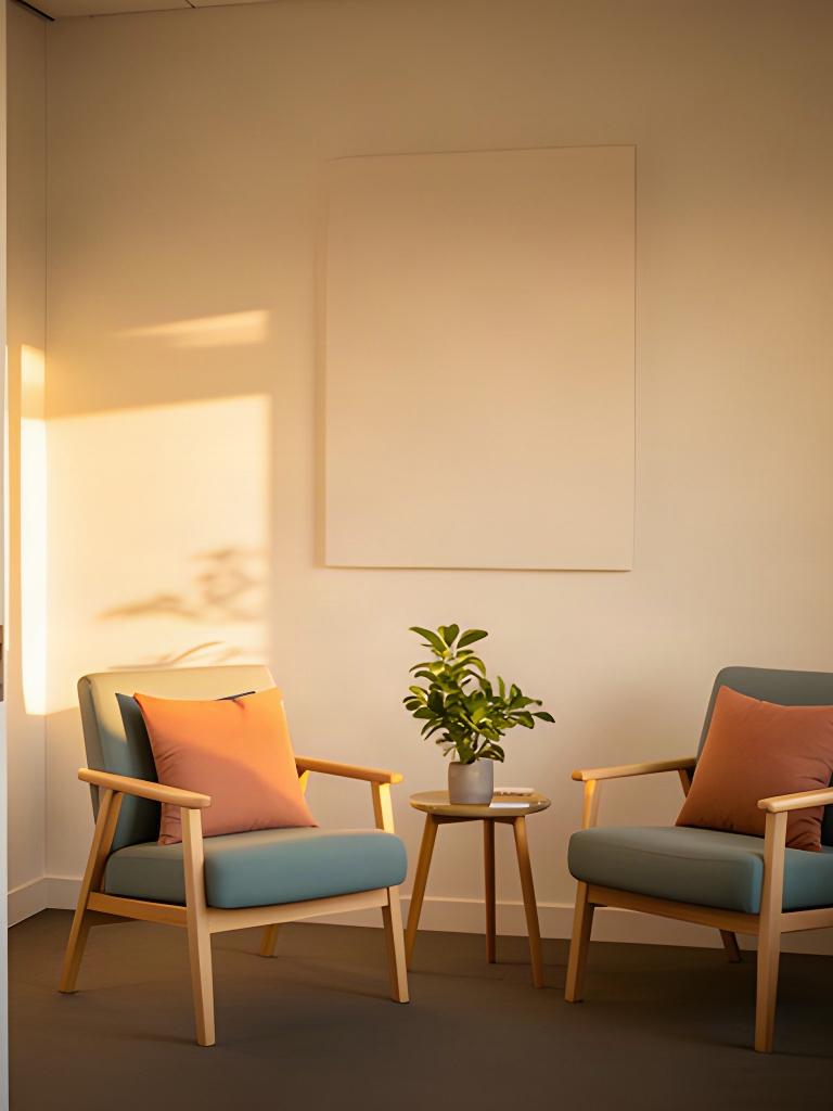 Calm Queensland office interior with two chairs, a small table, and afternoon light
