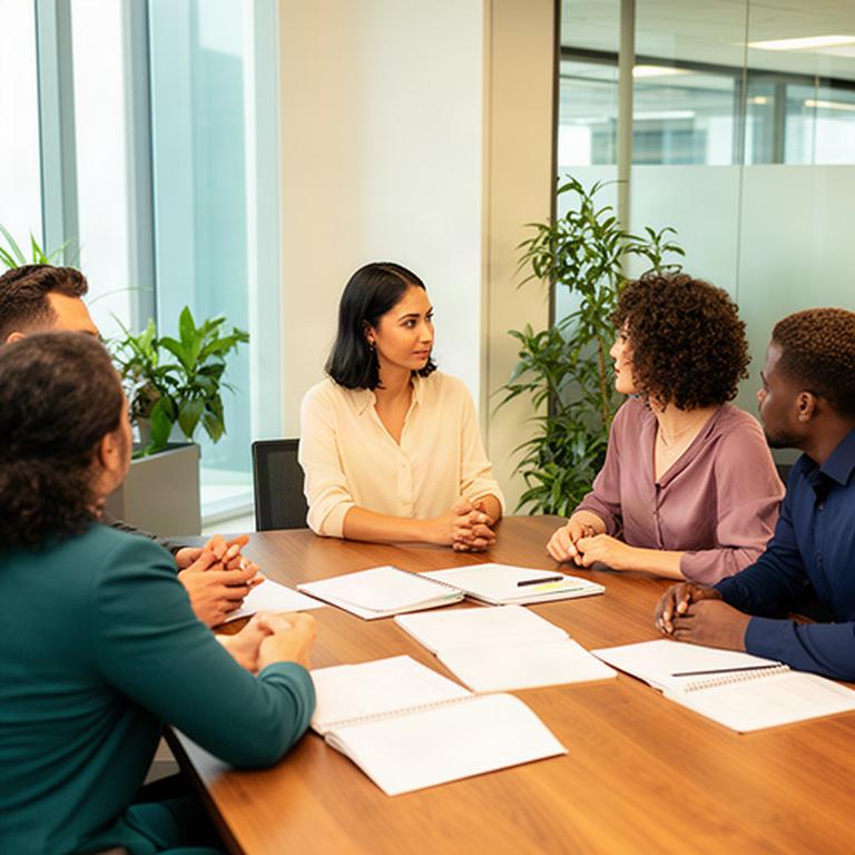 Queensland workplace team gathered around a table with a consultant during a focused planning discussion