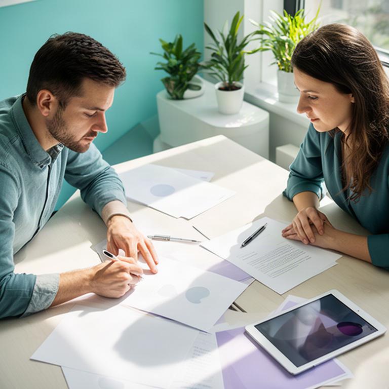 Colleagues reviewing workplace documents together in a sunlit meeting room