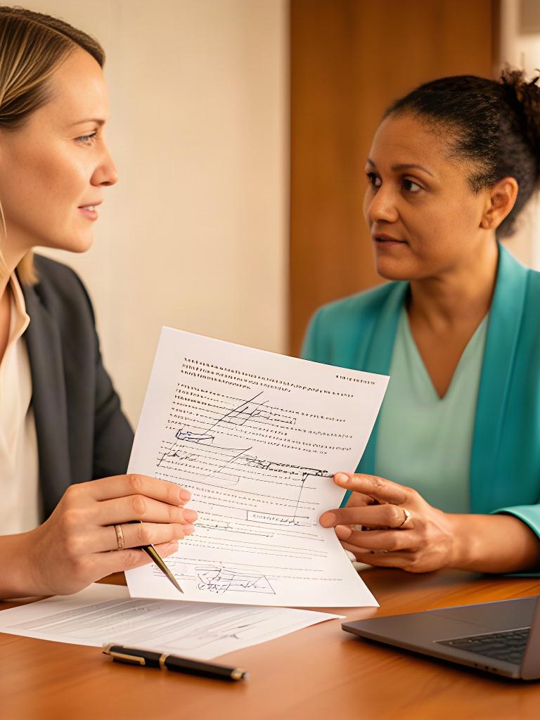 HR consultant and business owner discussing a marked-up policy document in Ingham