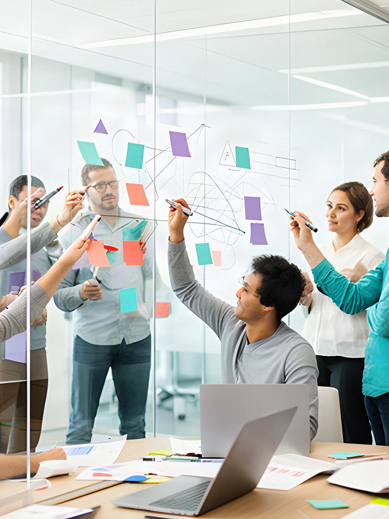 Small team writing measurable quarterly goals on a glass wall during a workshop