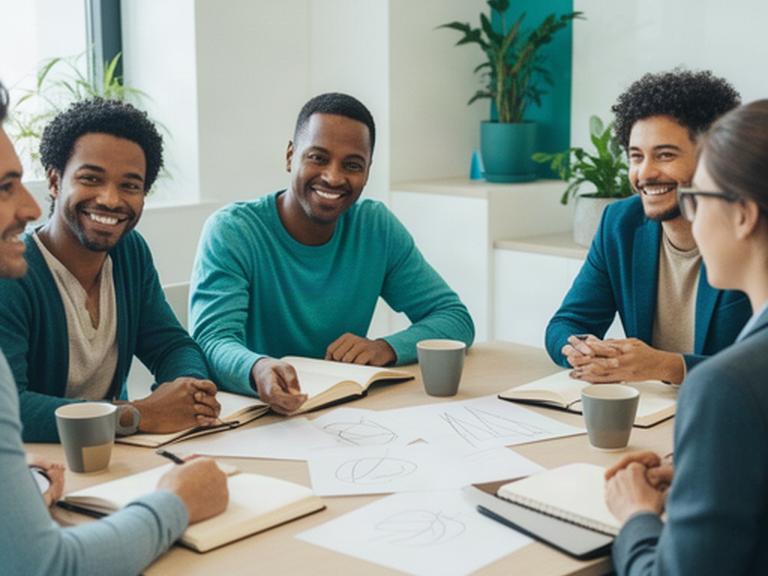 Small team sharing notes around a meeting table in a calm office
