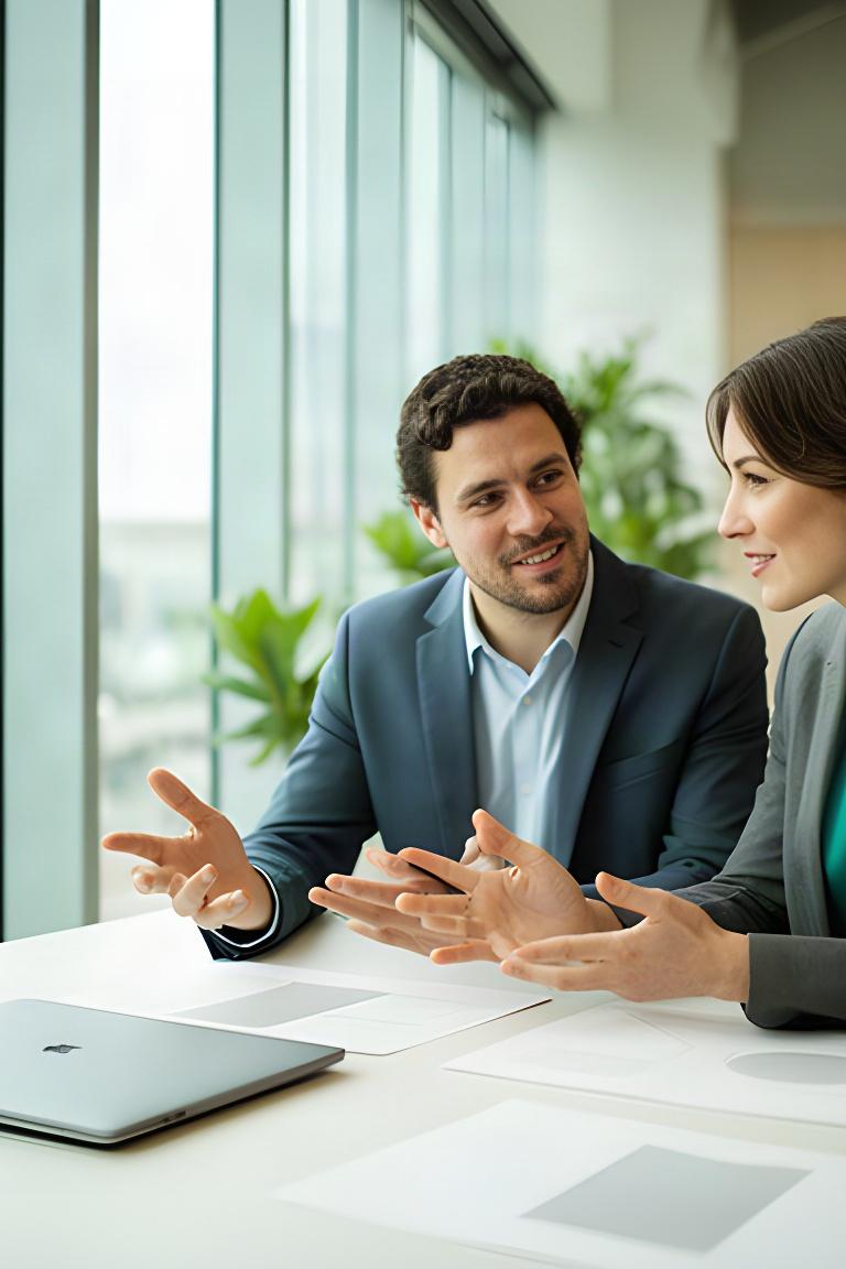 Two colleagues discussing a workplace plan beside a bright office window