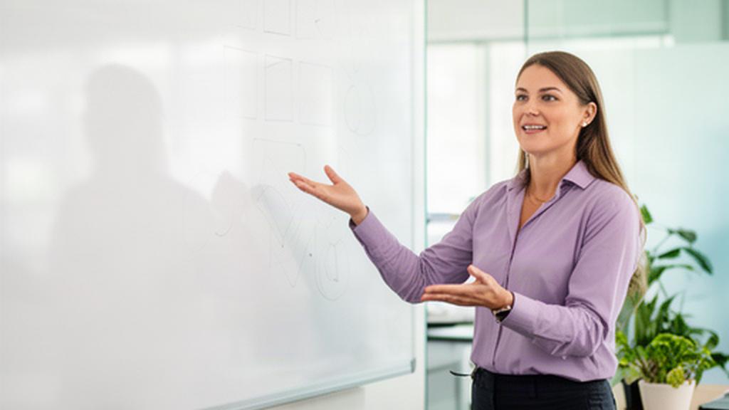 HR consultant explaining a workplace plan beside a whiteboard in a light Queensland office