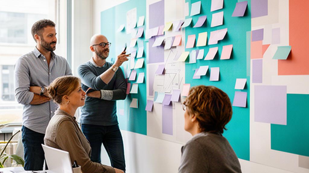 HR team planning a workplace project beside a wall of handwritten notes