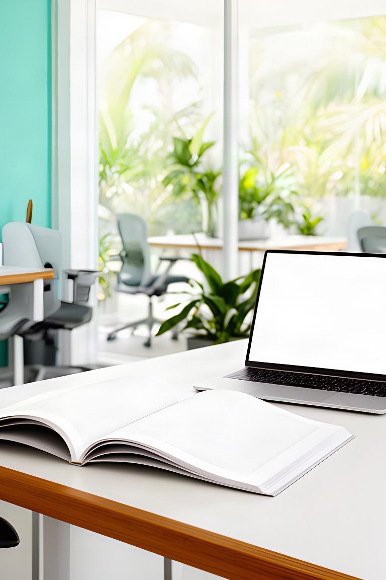 Open employee handbook beside a laptop in a bright Queensland office