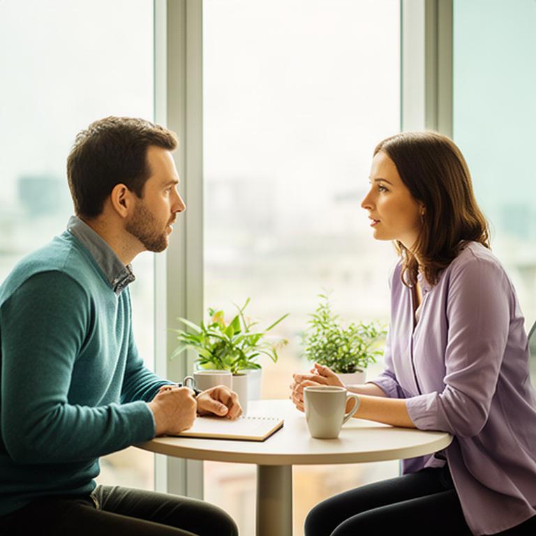 Employee and supervisor having a focused monthly performance check-in beside a window