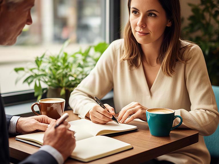 HR adviser taking notes during a coffee meeting with a local business leader